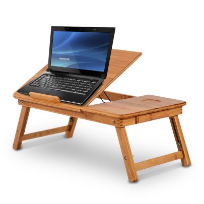   55Lx35Wx 22-30H cm Portable Bamboo Laptop Desk With Drawer and Adjustable Folding Legs To Use On Bed Desk Sofa Couch-Bamboo  