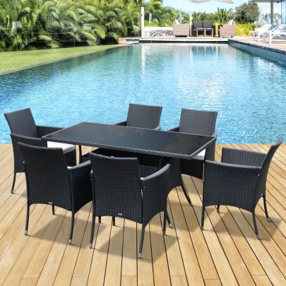 Outsunny Rattan Dining Set Garden Furniture Patio set 1 table and 6 chairs with Cushions-Black/Cream