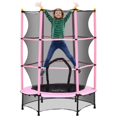 HOMCOM 4.6FT 55" Kids Trampoline with Safety Enclosure, Outdoor Indoor Use, for Ages 3 10 Years, Pink