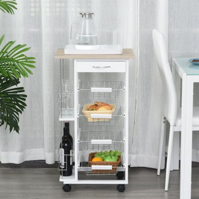 Multi-Use Kitchen Island Trolley w/ 4 Baskets 2 Side Racks Drawer Worktop White
