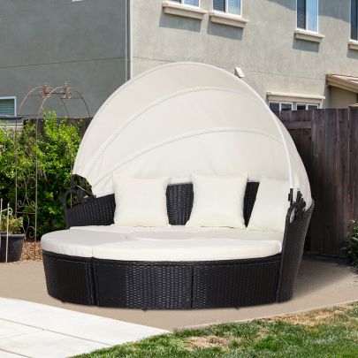 PE Rattan 5-Piece Outdoor Garden Round Sofa w/ Canopy Black