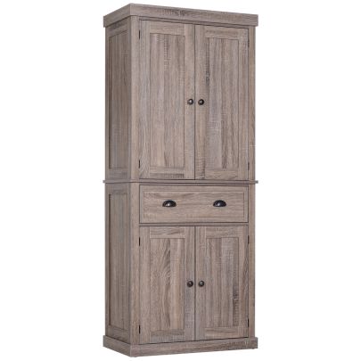 HOMCOM Freestanding Kitchen Cupboard, 184cm Tall Storage Cabinet with Doors and Shelves, Traditional Colonial 4 Door Kitchen Pantry Cupboard with Drawer, Dark Wood Grain