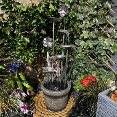 Zinc Flower & Pot Modern Water Feature