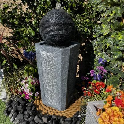 Solar Powered Grey Ball and Column Contemporary Water Feature
