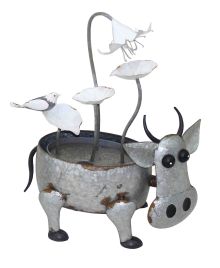 Metal Cow with Flowers Modern Metal Water Feature